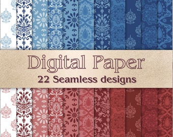Red and Blue Demask Floral Digital Paper: Seamless PNG Files