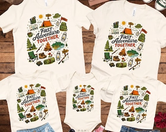 First Adventure Together Family Camping Shirt, Personalized Matching Vacation Tee, Lake Trip Mountain Hiking Family Outfit