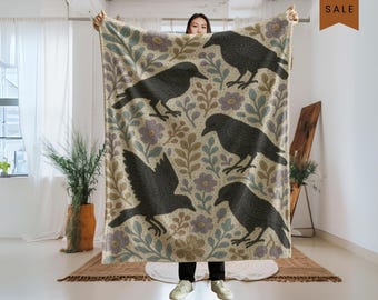 Raven Fleece Blanket, Gothic Crow Throw, Witchy Crochet Style Print, Cottagecore Throw Blanket, Halloween Gothic Decor Gift, Bird Lover Gift