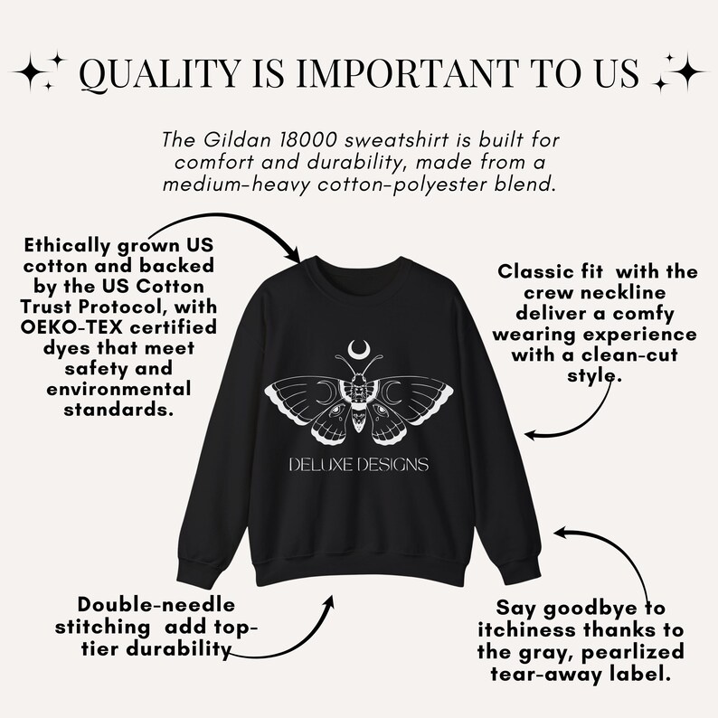 May include: Black sweatshirt with a white moth design and the text "DELUXE DESIGNS". The sweatshirt is made of a medium-heavy cotton-polyester blend. Features include a crew neckline, double-needle stitching, and a tear-away label.