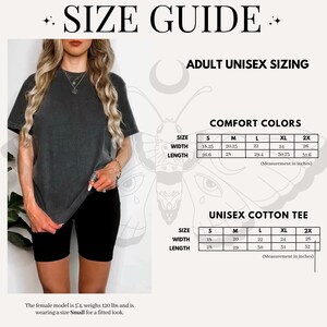 May include: A size guide with the text "SIZE GUIDE" at the top. The guide includes measurements for Comfort Colors and Unisex Cotton Tee shirts. The model is wearing a dark gray t-shirt and black shorts. The text "ADULT UNISEX SIZING" is also visible.