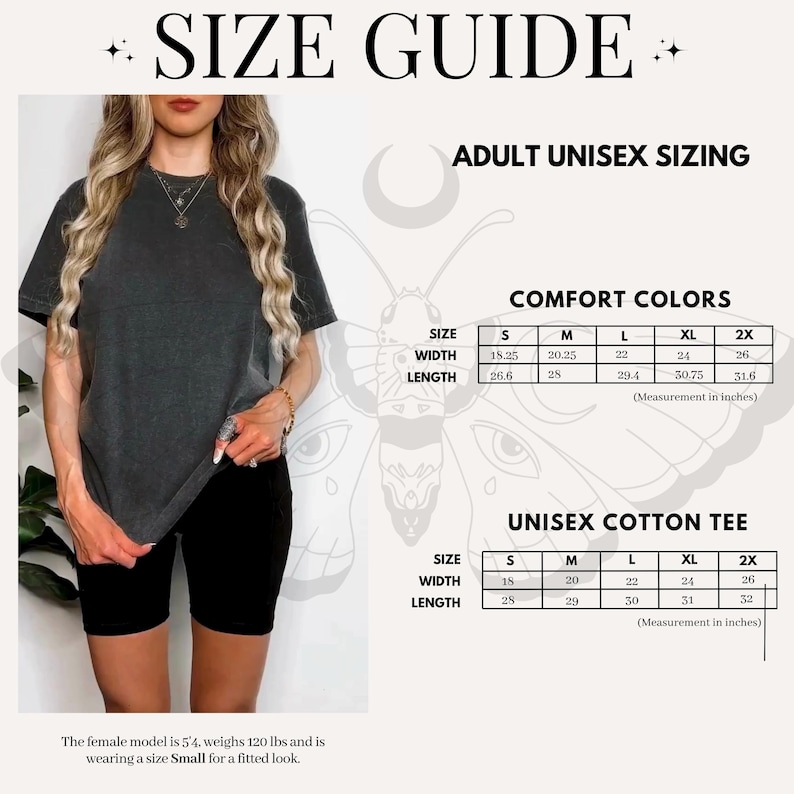 May include: A size guide with the text "SIZE GUIDE" at the top. The guide includes measurements for Comfort Colors and Unisex Cotton Tee shirts. The model is wearing a dark gray t-shirt and black shorts. The text "ADULT UNISEX SIZING" is also visible.