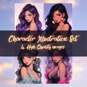 Puede incluir: Un conjunto de cuatro ilustraciones digitales de personajes femeninos con cabello largo y fluido y atuendos elegantes. Las imágenes muestran una variedad de tonos de piel y peinados, con el texto "Character Illustration Set" y "4 High Quality images".