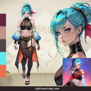 May include: Digital art illustration of a woman with blue hair and striking blue eyes. She wears a black top, patterned leggings, and a long coat with blue and orange accents. The image includes a color palette and the website niphionart.etsy.com.