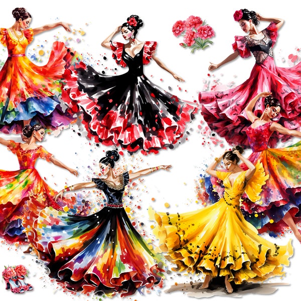70 Spanish Andalusian Flamenco Dancers Flamenco shoes MEGABundle CLIPART 300 DPI PNG Graphics Commercial License Transparent background