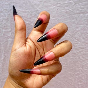 Long Stiletto Black Ombre Press On Nails | Halloween Stiletto Press On Nails – Vampire Black Ombre Fake Nails – Witchy Long Pointed