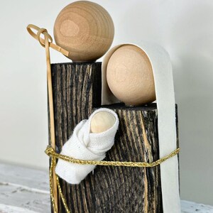 Compact Minimalist Nativity Figurine | Small Wooden Holy Family Sculpture | Tiered Tray Christmas Decor