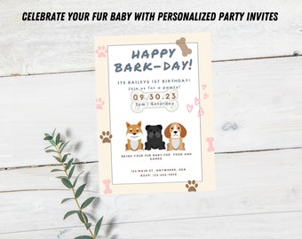 Invitation Template, Dog Birthday Party, Pawty, Puppy party, Digital Editable