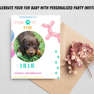Invitation Template, Dog Birthday Party, Pawty, Puppy party, Digital Editable