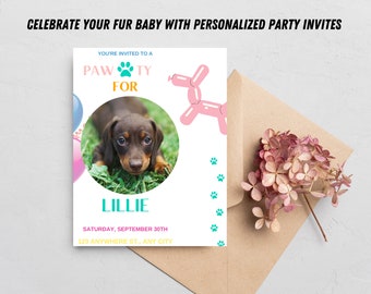 Invitation Template, Dog Birthday Party, Pawty, Puppy party, Digital Editable