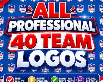 May include: A digital graphic featuring the text ALL PROFESSIONAL 40 TEAM LOGOS in bold red and white lettering against a blue background patterned with small shield icons. The bottom includes four circular icons with text.