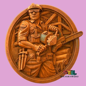 May include: A detailed, circular relief sculpture of a lumberjack in work attire, holding a chainsaw. The lumberjack wears a hard hat and safety glasses. The relief is in shades of brown and bronze, with the text "STL BKHAYROU" at the bottom.