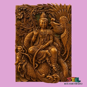 May include: A detailed, golden-brown relief carving of a seated figure with a serene expression, surrounded by ornate dragons and foliage. The figure is seated on a dragon, with a phoenix on the right side. The text "STL BKHAYROU" is visible in the lower right corner.