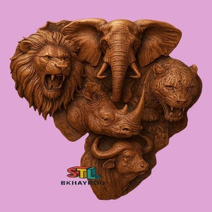 May include: A brown wooden sculpture of the African continent, intricately carved with a lion, elephant, rhino, leopard, and buffalo. The sculpture has a textured finish and is set against a pink backdrop. The text "STL BKHAYROU" is visible at the bottom.