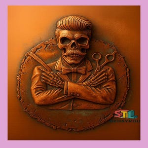 May include: A copper-toned relief sculpture depicting a barber skull with a handlebar moustache, bow tie, and suit. The skull holds a straight razor and scissors, set within a circular frame. The image includes the text "STL BKHayrou".