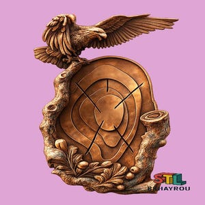 May include: A bronze-colored sculpture of an eagle perched on a tree stump. The eagle has outstretched wings and detailed feathers. The tree stump has a cross-section design with concentric circles and lines. The sculpture is on a pink background.