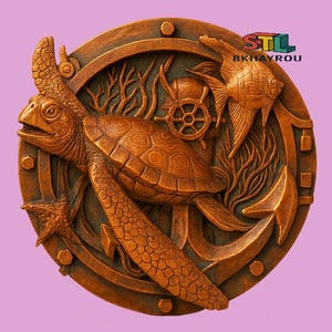 May include: A bronze-colored, circular wall art piece featuring a detailed relief of a sea turtle, fish, anchor, and ship's wheel. The design includes the text "STL BKHAYROU". The artwork has a nautical theme.