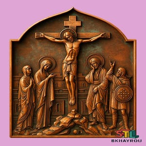 May include: A detailed bronze-coloured relief sculpture depicting the crucifixion of Jesus Christ. The artwork features figures with halos, a cross, and a shield. The sculpture is set against a light purple background. The text "STL BKHAROU" is visible at the bottom.