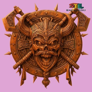 May include: A detailed, brown, Viking-themed shield with a skull face, horns, and crossed axes. The shield has a textured, carved appearance with sharp spikes around the edge. The text "STL BKHAYROU" is visible at the top.