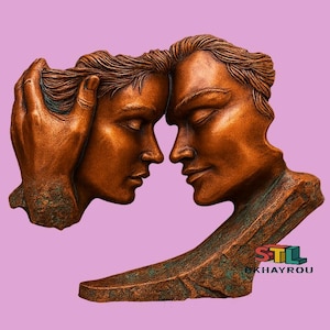 May include: A bronze sculpture of two faces, their eyes closed, in a close embrace. One hand gently touches the other's hair. The sculpture has a textured finish and is mounted on a base. The background is a shade of pink.