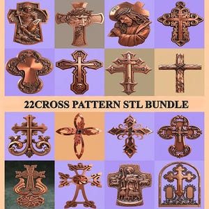 Pode incluir: Uma coleção de 12 cruzes com designs variados e acabamentos em tons de bronze e cobre. As cruzes apresentam entalhes e texturas detalhadas. O texto "22 CROSS PATTERN STL BUNDLE" é exibido abaixo das cruzes.
