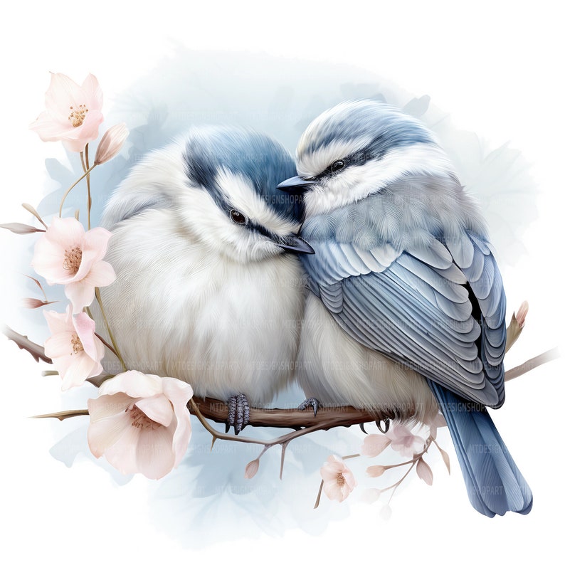 May include: Two blue birds with white markings are nestled together on a branch with pink blossoms. The birds are facing each other with their heads touching. The background is a soft blue watercolor wash.