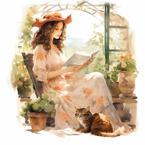 14 Frau liest Buch Clipart, Frau und Katze Clipart, druckbare Aquarell Clipart, Papierkunst, hochwertige JPGs, digitaler Download