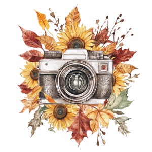 May include: A vintage camera with a brown leather strap surrounded by sunflowers and autumn leaves in shades of yellow, orange, and red.