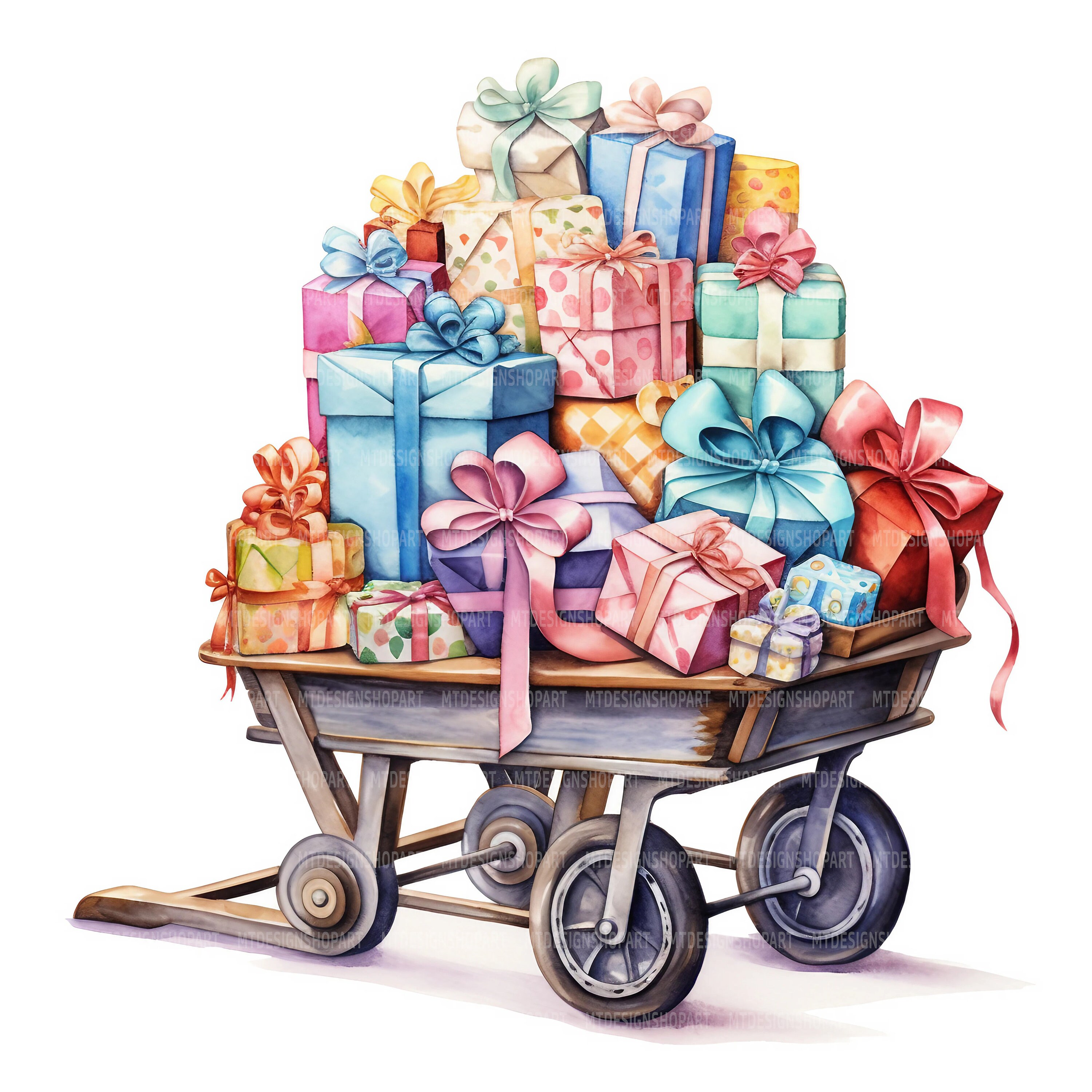 12 Carretillas con regalos (imágenes prediseñadas), regalos, carretilla, acuarela imprimible, archivos JPG de alta calidad, descarga digital
