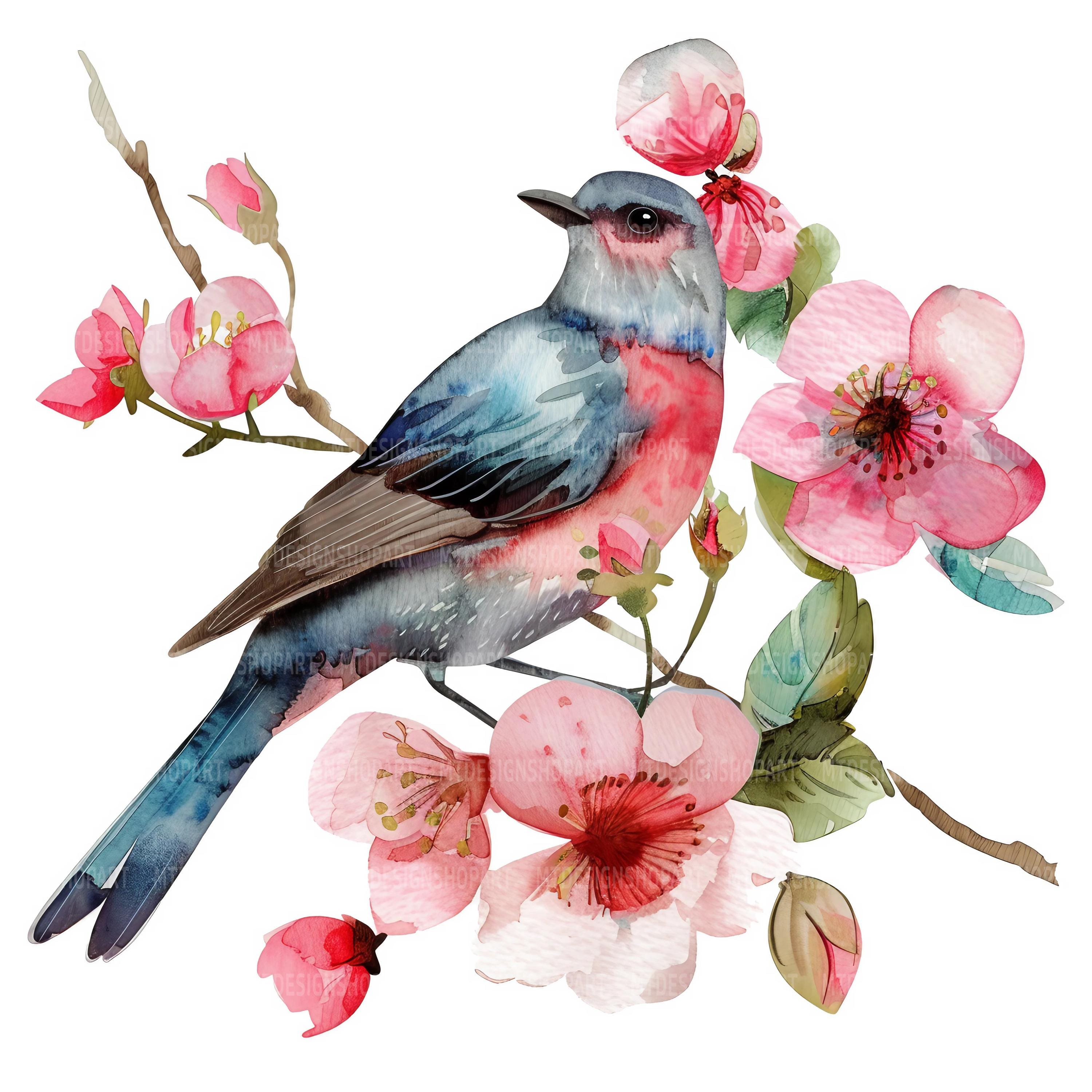 花と鳥の水彩画クリップアート：ピンクの花のデザイン（デジタル