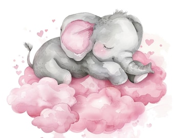 15 Pink Baby Elephant, Sleeping Elephant, Printable Watercolor, Paper Craft, Junk Journals, High Quality JPGs, Digital Download Wall Art