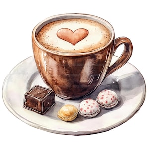 May include: A brown ceramic mug filled with cappuccino with a heart design in the foam. The mug is on a white saucer with a chocolate square and two small, round, decorated biscuits.