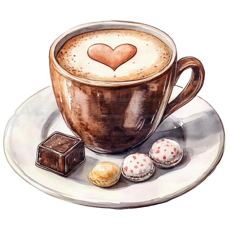 May include: A brown ceramic mug filled with cappuccino with a heart design in the foam. The mug is on a white saucer with a chocolate square and two small, round, decorated biscuits.