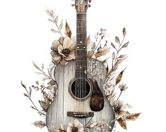 May include: A watercolor illustration of an acoustic guitar with a wooden body and a floral design. The guitar is surrounded by brown and white flowers and leaves.