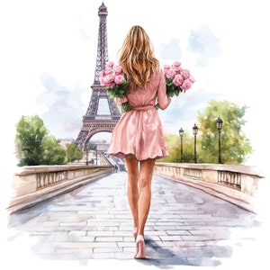 18 Donna a Parigi Clipart, Fiori rosa, Ponte di Parigi, Clipart acquerello stampabile, Carta artigianale, JPG di alta qualità, Download digitale