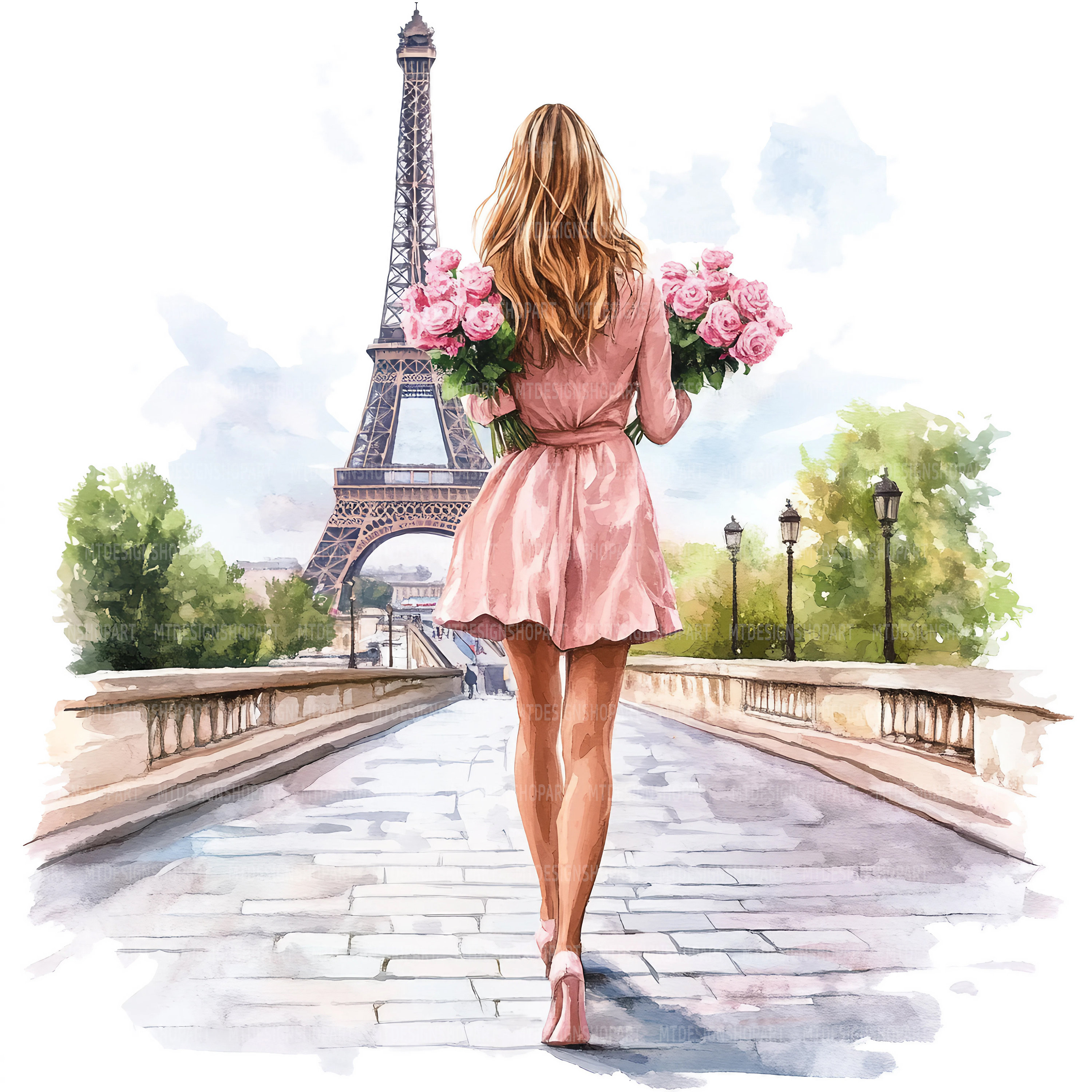 18 Woman in Paris Clipart, Pink Flowers, Paris Bridge, Printable