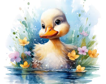 19 Happy Duckling Clipart, Duck Clip art, Printable Watercolor Clipart, Paper Craft, Junk Journals, High Quality JPGs, Digital Download