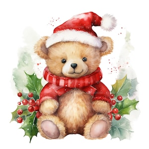 20 clipart de urso de pelúcia de Natal, clipart de urso de pelúcia fofo, clipart de aquarela para impressão, artesanato em papel, JPGs de alta qualidade, download digital