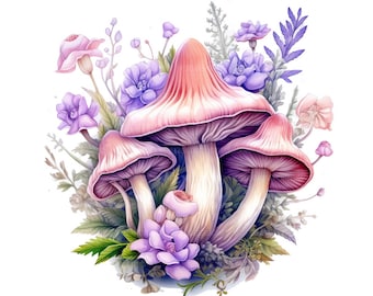 21 Floral Mushroom Clipart, Purple Mushrooms, Printable Watercolor Clipart, Paper Craft, Junk Journals, High Quality JPGs, Digital Download