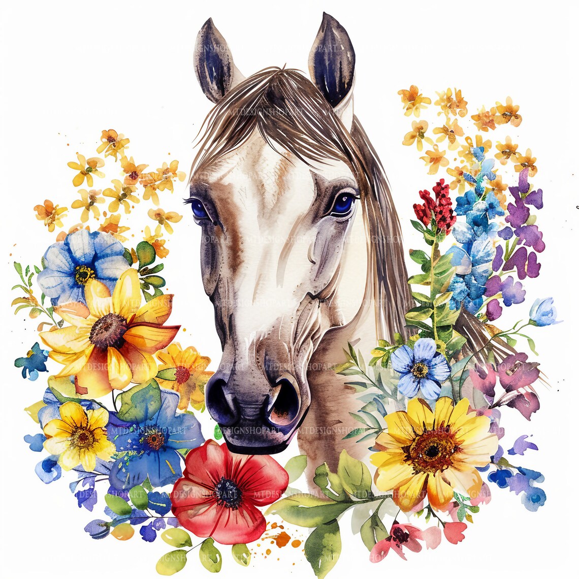 16 Floral Horses Clipart, Flower and Horse,printable Watercolor Clipart ...