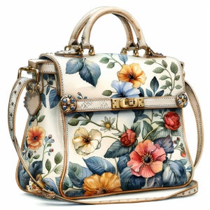 16 imágenes prediseñadas de bolso floral, imágenes prediseñadas de bolso, imágenes prediseñadas de acuarela imprimibles, artesanía de papel, JPG de alta calidad, diario basura, descarga digital
