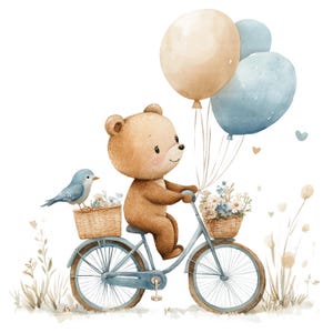 19 Teddybär auf Fahrrad Clipart, Bären mit Luftballons, druckbare Aquarell Clipart, Papierwesen, hochwertige JPGs, digitaler Download