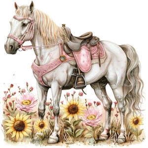 24 Horses In Flowers Clipart, Majestic Horses, Printable Watercolor Clipart, Paper Craft, Junk Journals, High Quality JPGs, Digital Download