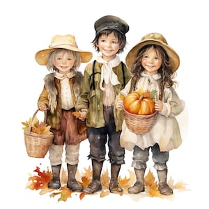 16 Thanksgiving Pilgrim Childrens Clipart, Kids Clipart, Printable Watercolor Clipart, Paper Craft, High Quality JPGs, Digital Download