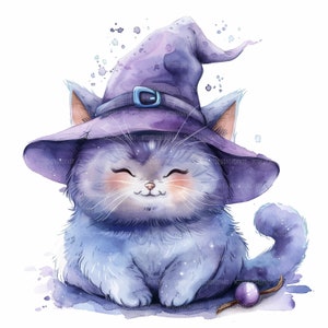 12 chaton avec des cliparts chapeau de sorcière, clipart chat de sorcière, chapeau de sorcière, clipart aquarelle, fichiers JPG de haute qualité, clipart imprimable, téléchargement numérique