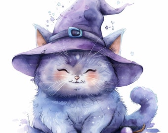12 imágenes prediseñadas de gatito con sombrero de bruja, imágenes prediseñadas de gato brujo, imágenes prediseñadas de sombrero de bruja, imágenes prediseñadas de acuarela, archivos JPG de alta calidad, imágenes prediseñadas imprimibles, descarga digital