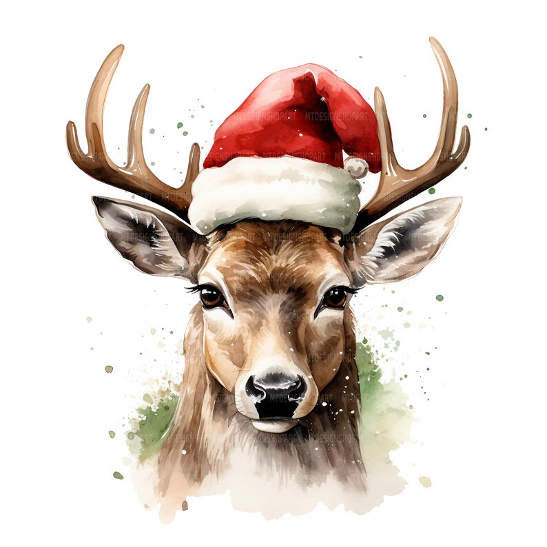 16 Deer With Santa Hat Clipart, Deer Clipart, Printable Watercolor ...