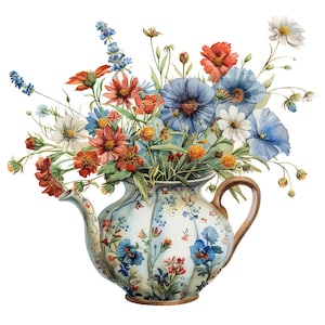 Puede incluir: Ilustración en acuarela de una tetera rebosante de flores coloridas. Las flores incluyen flores rojas, azules, blancas y naranjas. La tetera está decorada con motivos florales y tiene un asa marrón.