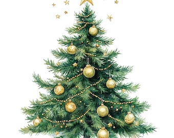 14 Christmas Tree with Golden Baubles Clipart, Christmas Tree, Printable Watercolor Clipart, Paper Craft, High Quality JPG, Digital Download