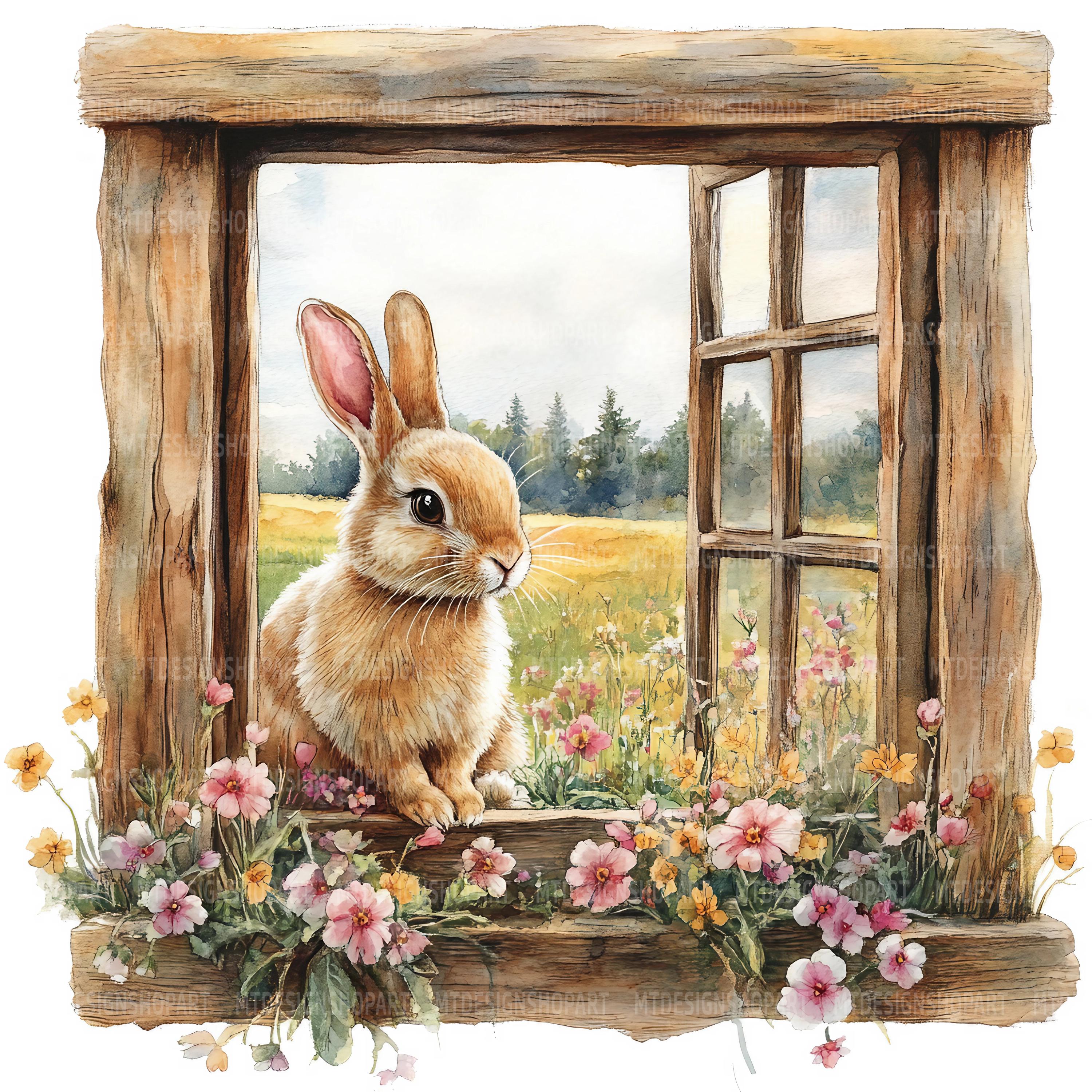 18 Bunny Window Clipart, Floral Rabbit, Printable Watercolor Clipart ...